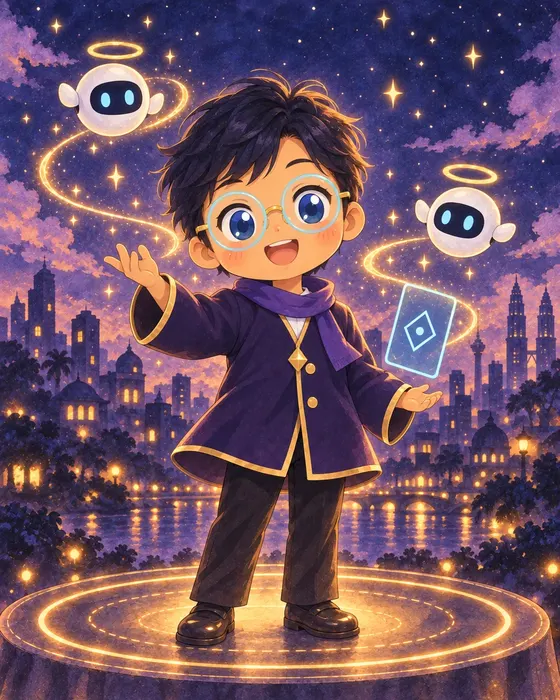 Dave, in a purple coat and round glasses, conducting two small floating robot helpers over a night city