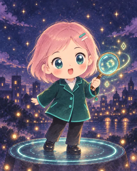 Mochi, pink-haired, searching with a glowing magnifying glass