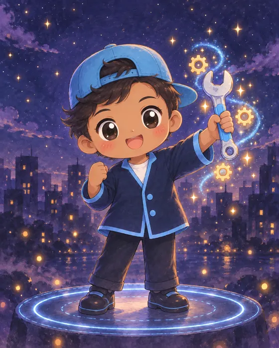 Wrench in a blue cap, raising a wrench among gears