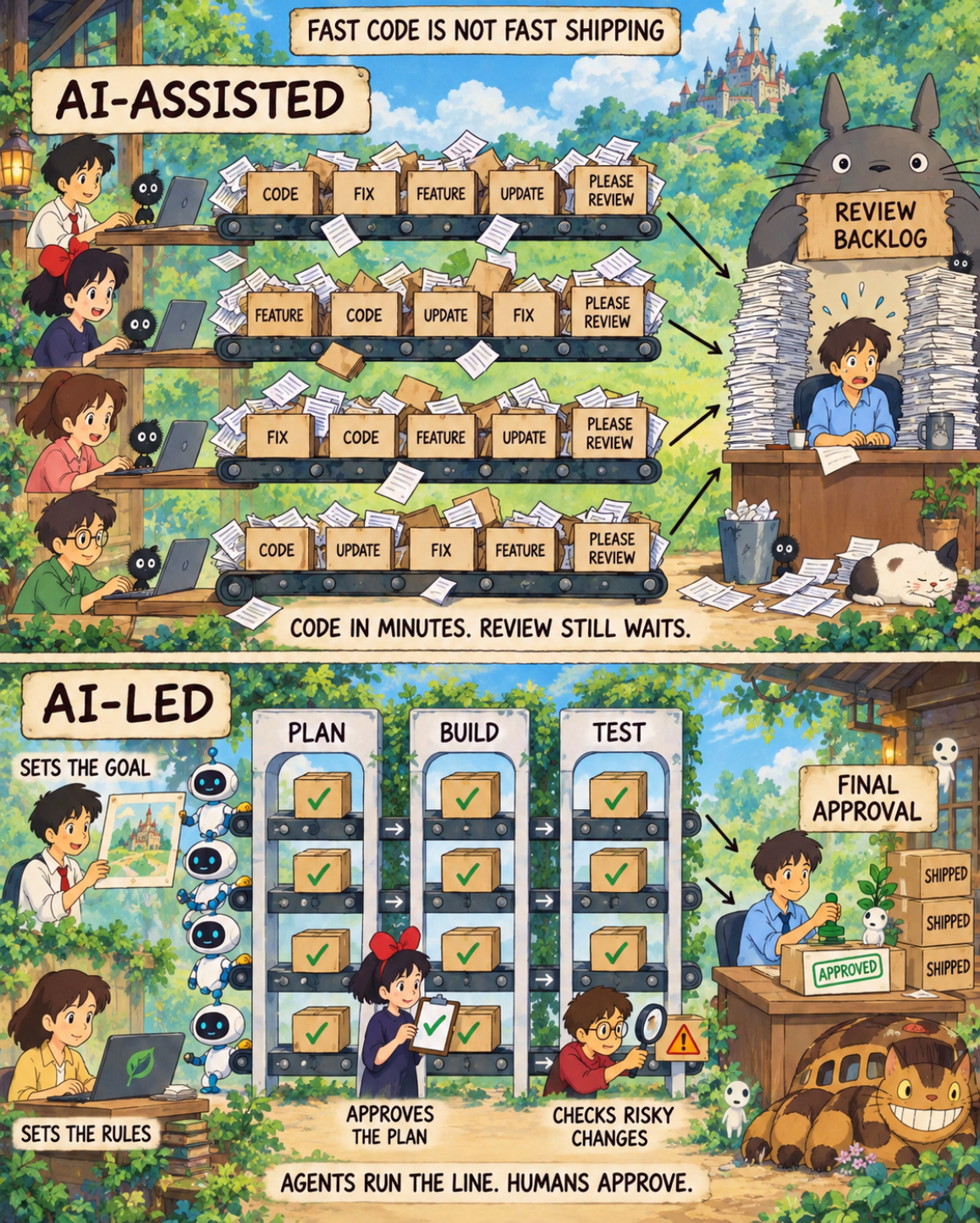 Illustration comparing AI-assisted development, where human coders flood a review backlog, with AI-led development, where agents run the plan-build-test line and humans give final approval